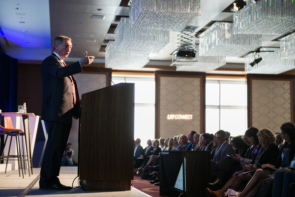 Pictured: Mike Shanahan, former NFL coach, speaks at LIV CONNECT 2018 hosted by LIV Sotheby’s International Realty